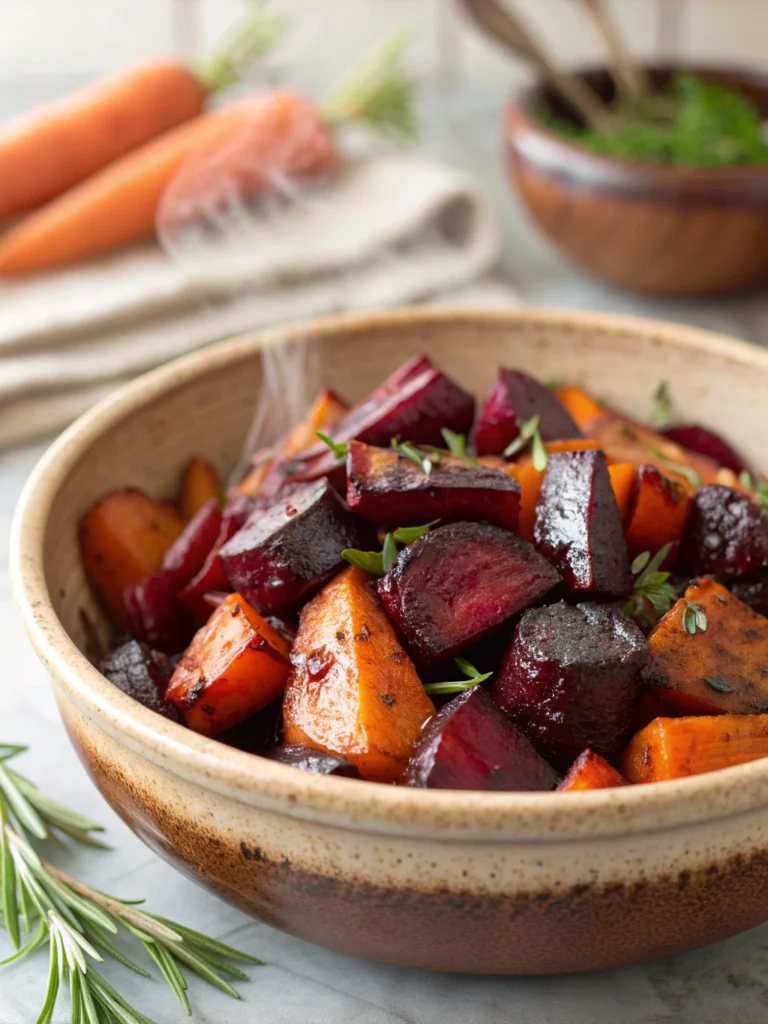 Balsamic Glazed Beets & Carrots 2 Serving bowl of Balsamic Glazed Beets & Carrots — sweet roasted beets and carrots in balsamic glaze, cozy fall and Thanksgiving side, simple roasted vegetables for family meals