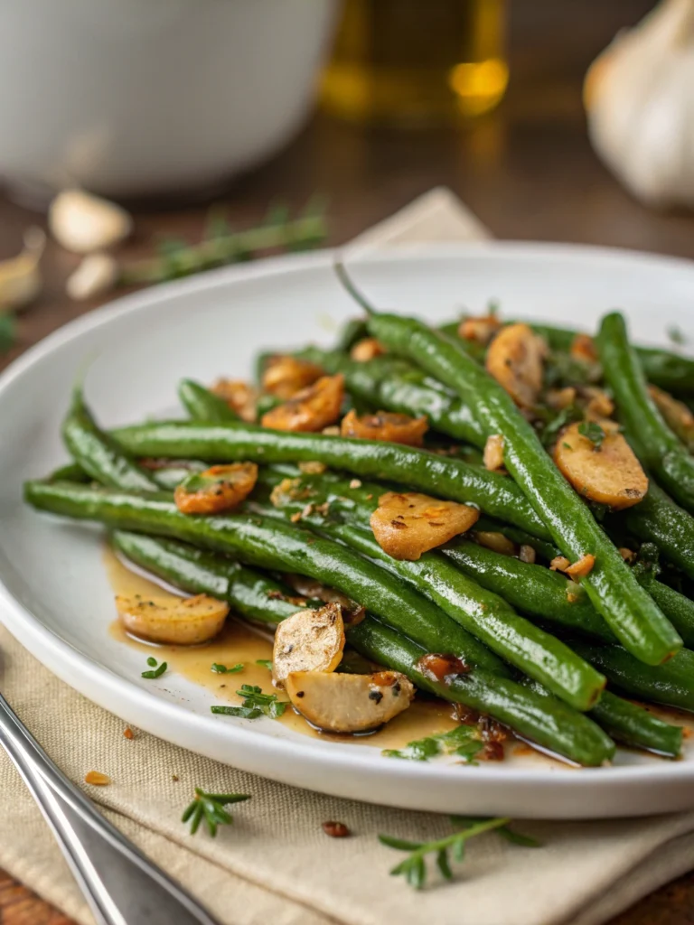 Serving bowl of brown butter garlic green beans