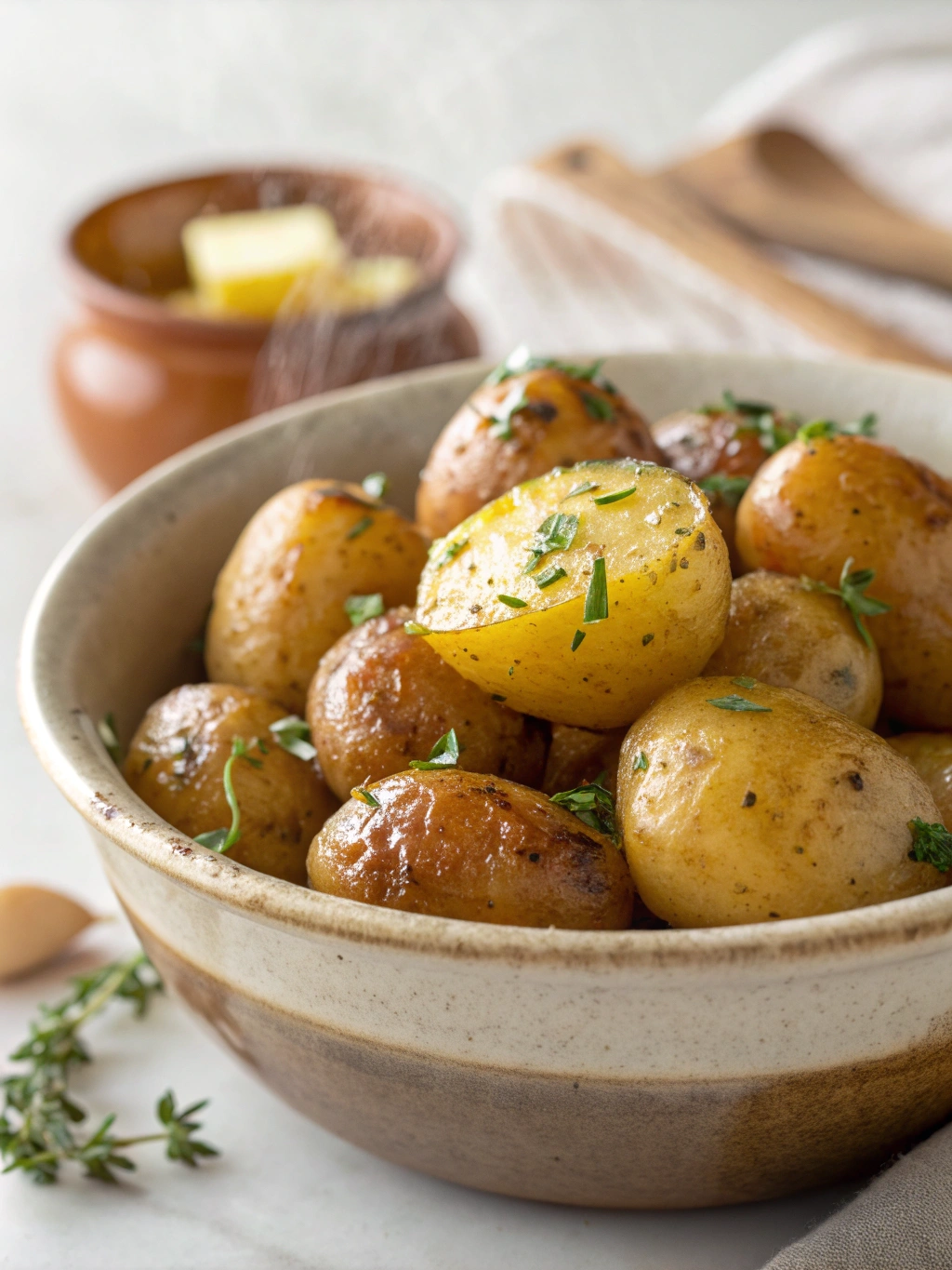 Buttery Roasted Baby Potatoes — golden crispy baby potatoes tossed in melted butter and herbs, easy holiday side dish, simple roasted potatoes recipe
