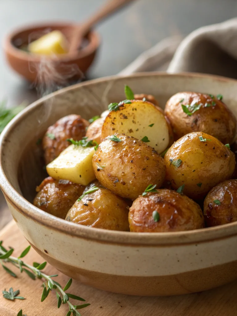 Serving bowl of Buttery Roasted Baby Potatoes — warm buttery roasted baby potatoes with crispy edges, cozy Thanksgiving and family dinner side