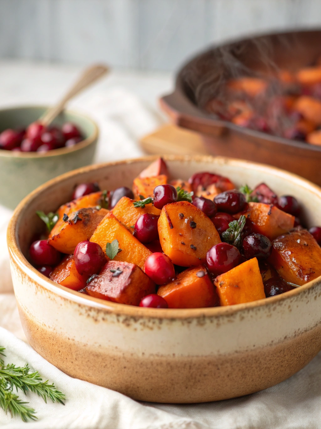 Cranberry Orange Roasted Veggies 1 Serving bowl of Cranberry Orange Roasted Veggies — sweet roasted carrots and sweet potatoes with tart cranberries, easy Thanksgiving vegetable side, fall holiday roasted veggies