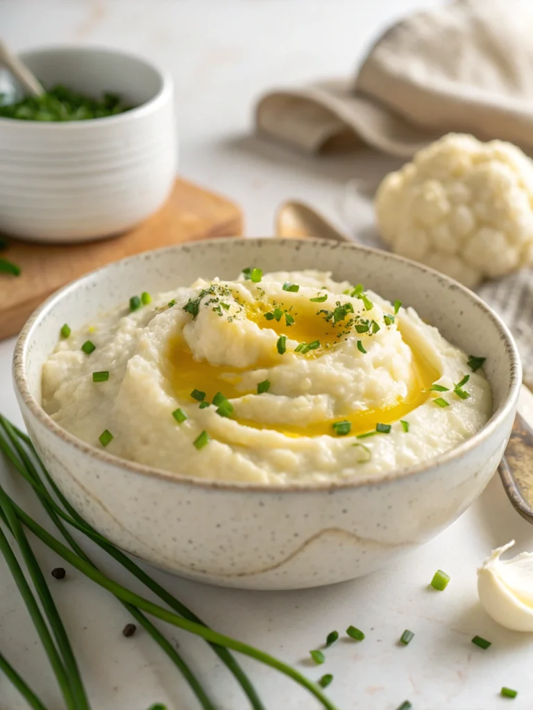Spoonful of creamy mashed cauliflower with chives