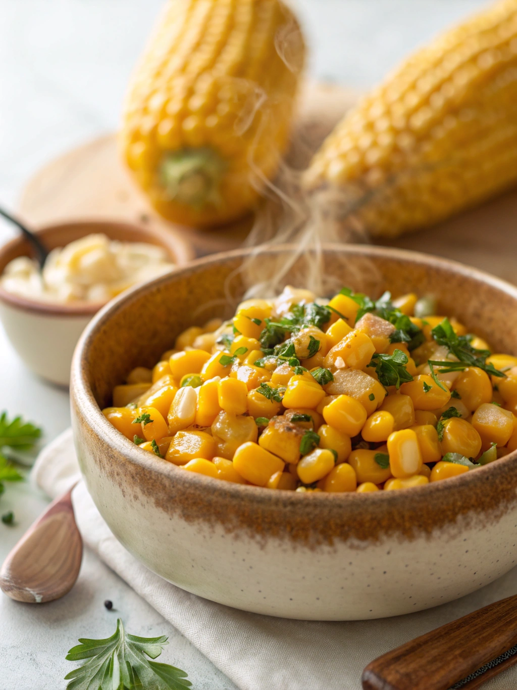 Garlic Butter Corn on the Cob — sweet corn brushed with melted garlic butter and herbs, easy Thanksgiving side dish, summer cookout vegetable recipe