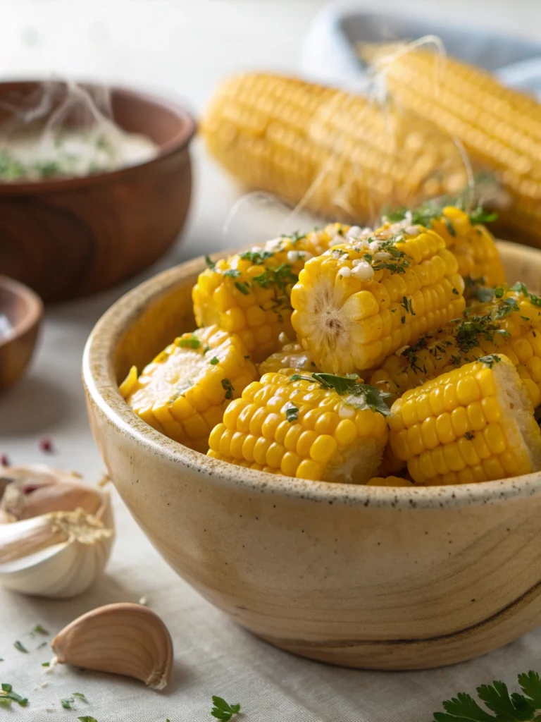 Serving bowl of Garlic Butter Corn on the Cob pieces coated in garlic butter and herbs, simple holiday side dish, buttery corn recipe for family dinners