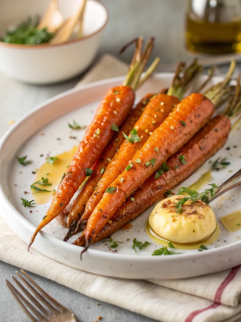 Honey Glazed Roasted Carrots with Dijon Butter 2 Serving bowl of honey Dijon roasted carrots with caramelized edges