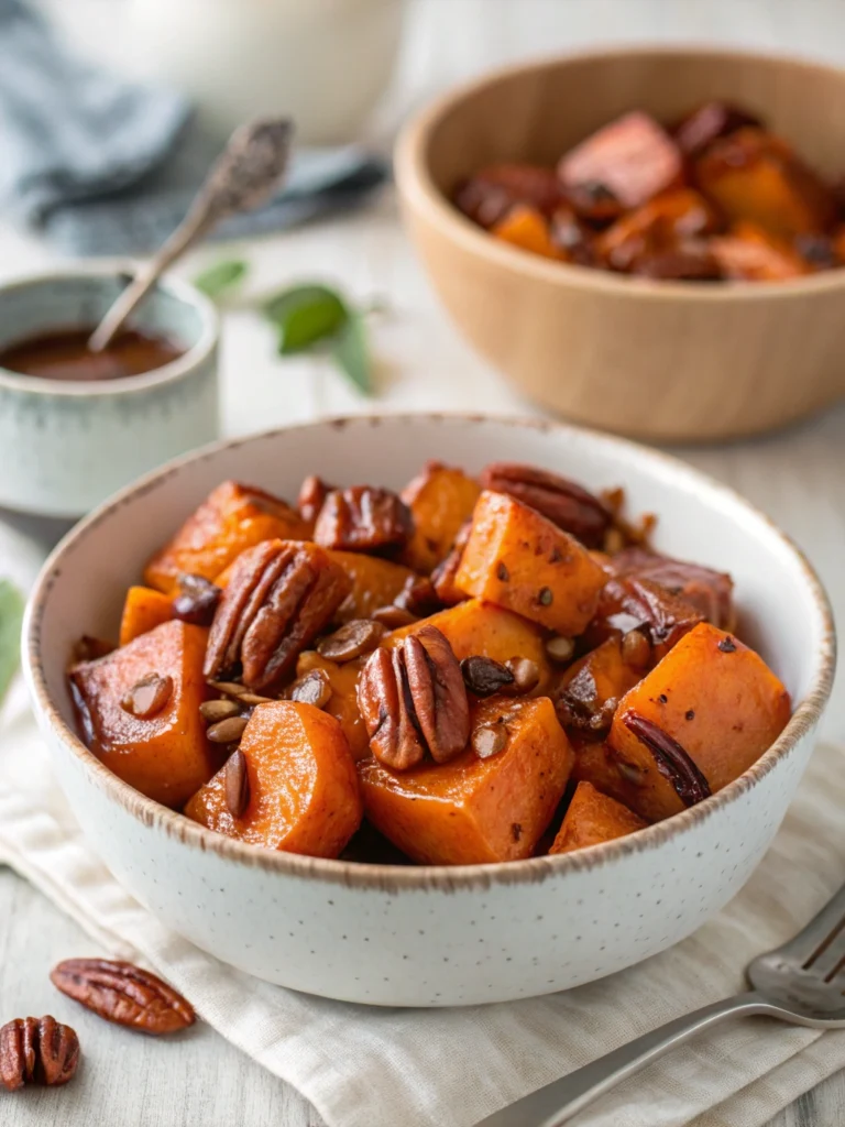 Maple-glazed roasted sweet potatoes topped with toasted pecans