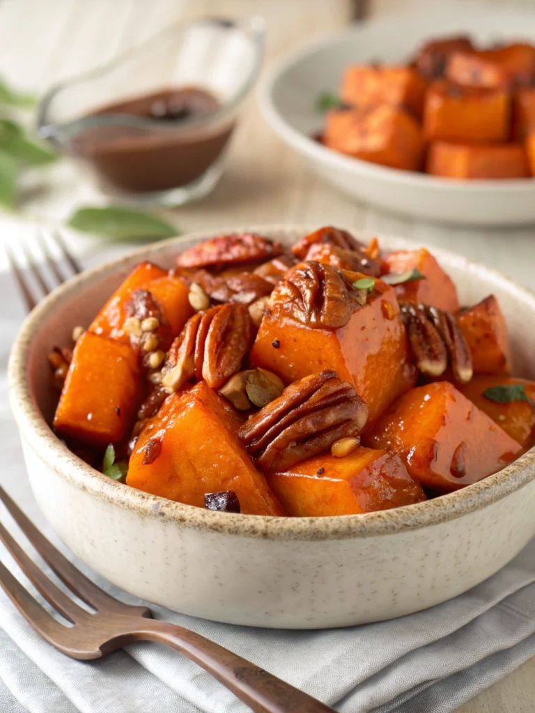 Bowl of maple roasted sweet potatoes with pecans