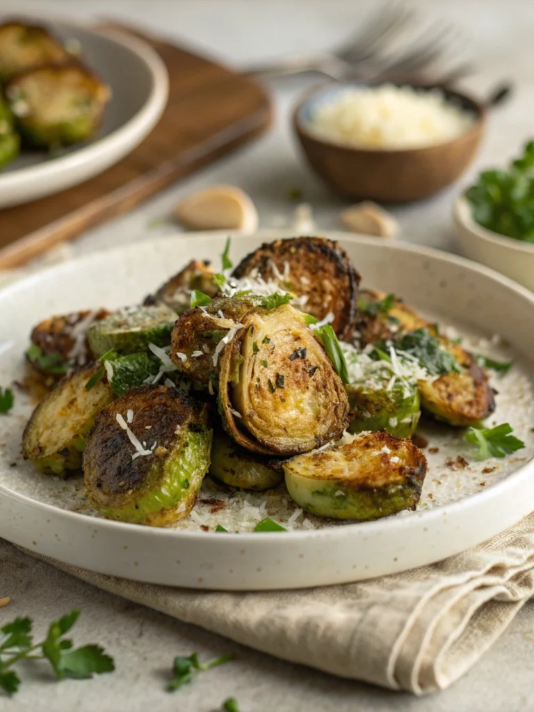 Crispy parmesan herb roasted Brussels sprouts on a plate