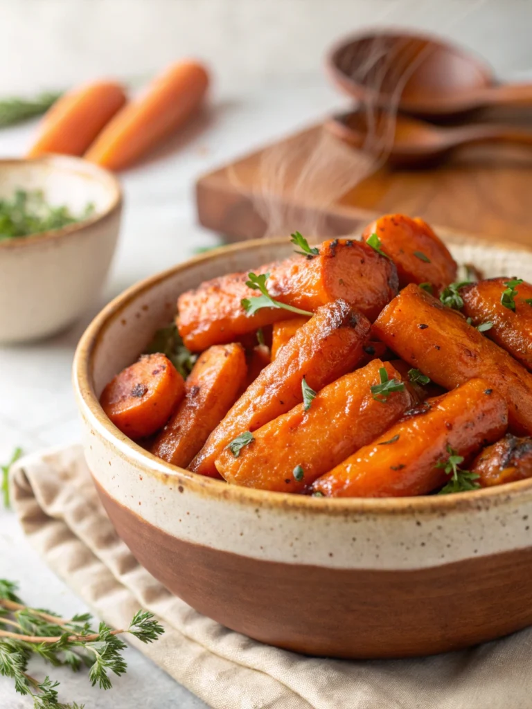 Sweet and Savory Honey Glazed Carrots — roasted carrots with honey and herbs, caramelized holiday vegetable side dish, simple Thanksgiving carrots recipe
