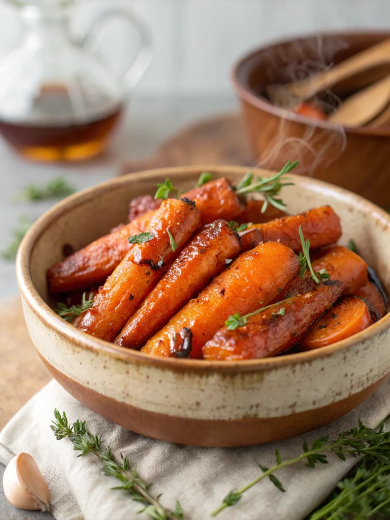 Serving bowl of Sweet and Savory Honey Glazed Carrots — tender roasted carrots coated in honey glaze, warm and cozy holiday side for family dinners