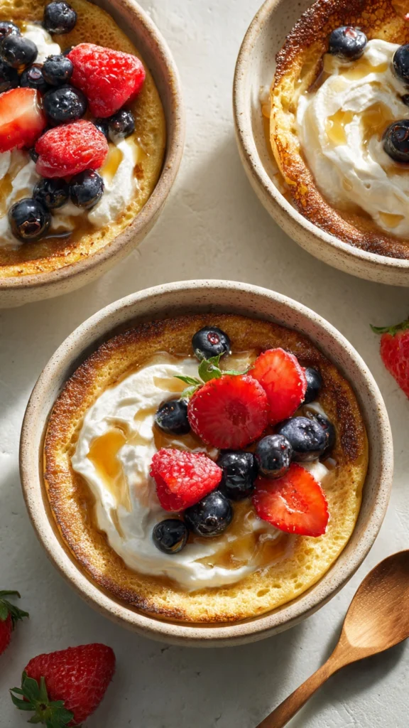 High-protein baked pancake bowls topped with fruit