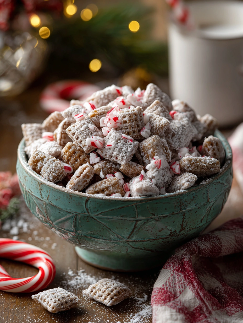 Candy Cane Crunch Puppy Chow finished holiday snack mix