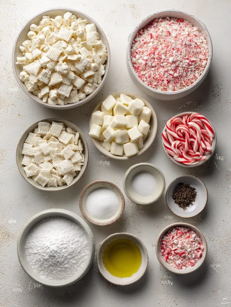 Candy Cane Crunch Puppy Chow ingredients laid out