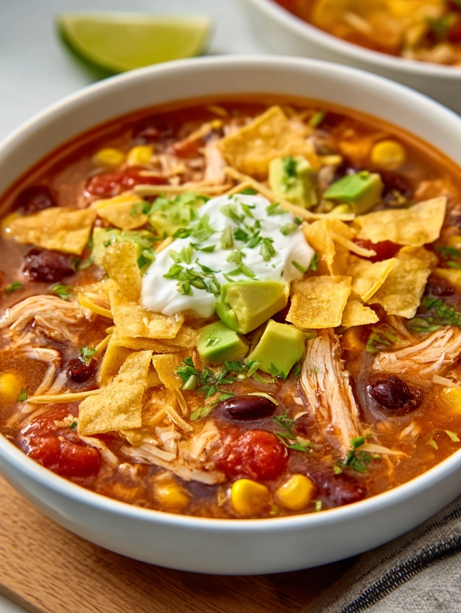 Chicken taco soup served with avocado and tortilla chips