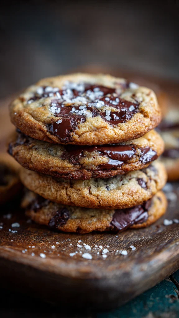 hocolate chunk sea salt cookies stacked with melting chocolate
