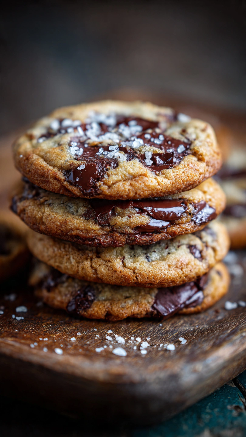 hocolate chunk sea salt cookies stacked with melting chocolate