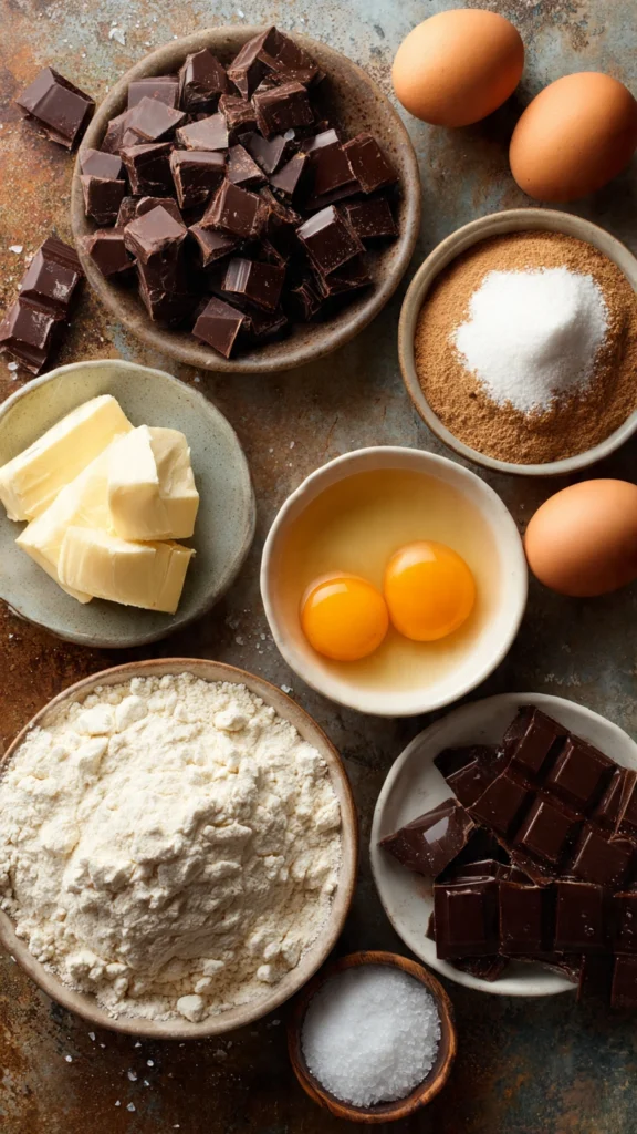 ingredients for chocolate chunk sea salt cookies arranged flat-lay