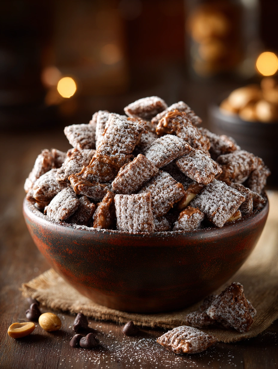 Chocolate Peanut Butter Puppy Chow in a rustic serving bowl