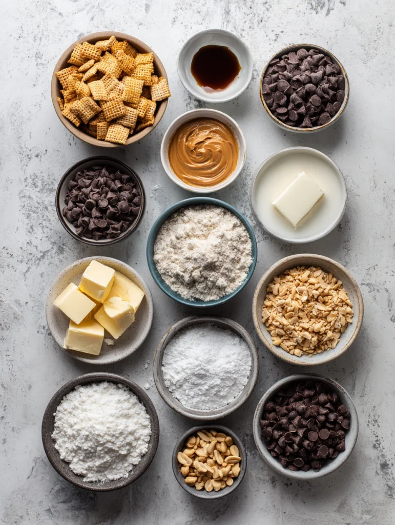 Ingredients for Chocolate Peanut Butter Puppy Chow arranged in a flat-lay