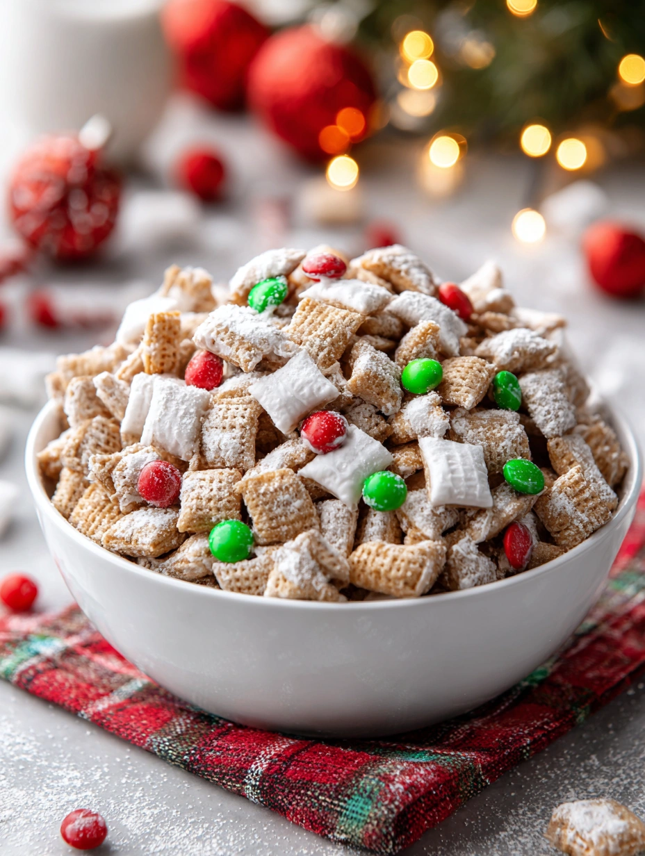 Christmas Cookie Butter Puppy Chow served in a festive holiday bowl