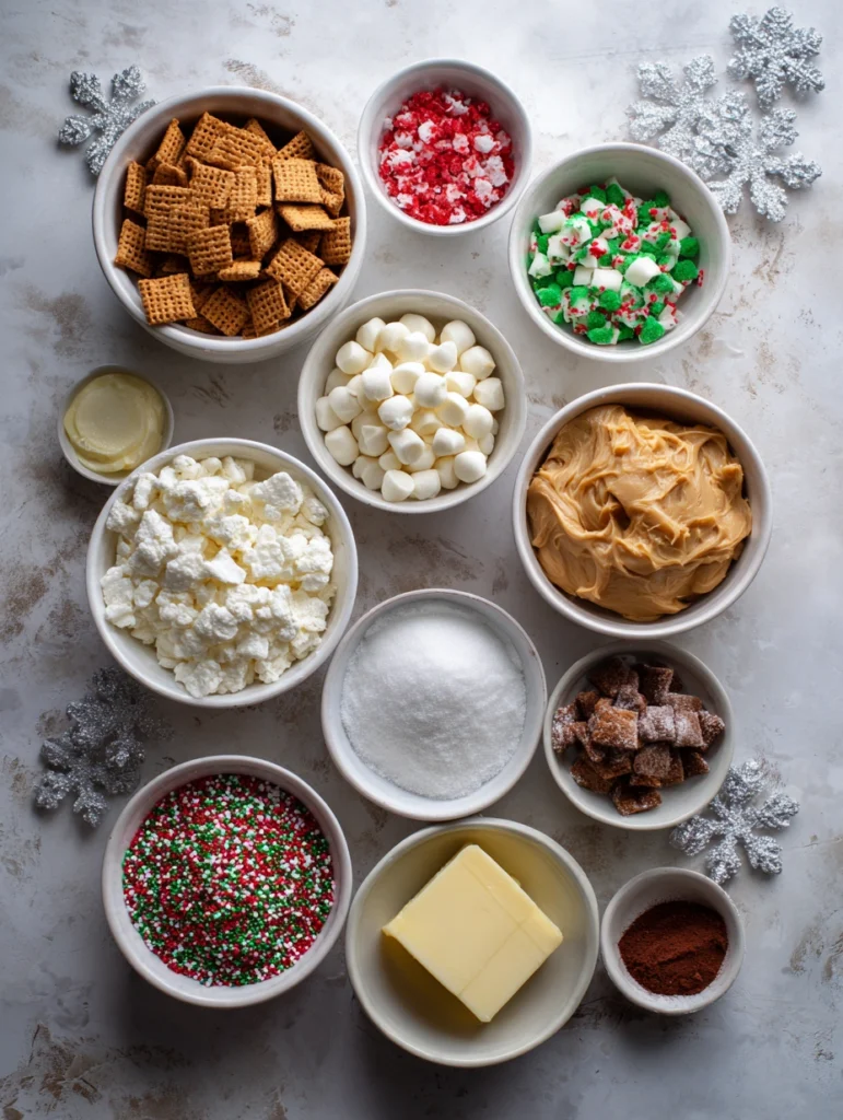 Ingredients for Christmas Cookie Butter Puppy Chow arranged in a flat-lay format