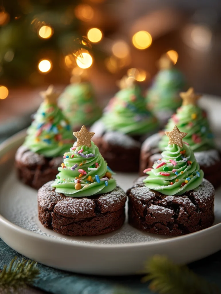 Featured image of Christmas Tree Brownie Bites decorated with green frosting and sprinkles