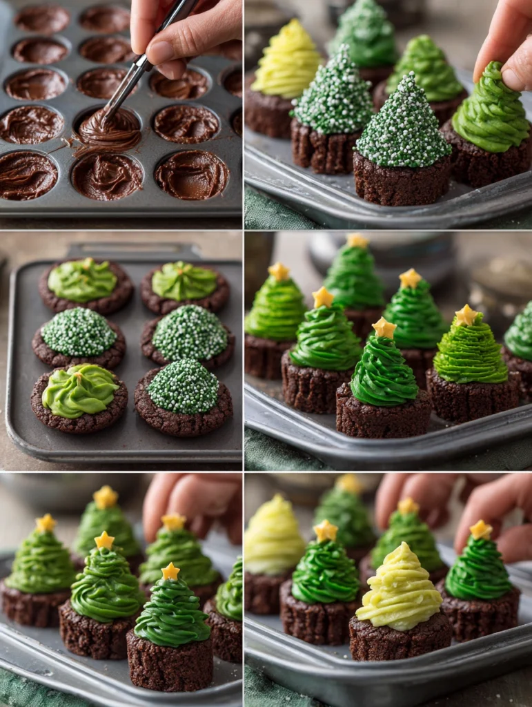 Step-by-step process of preparing Christmas Tree Brownie Bites