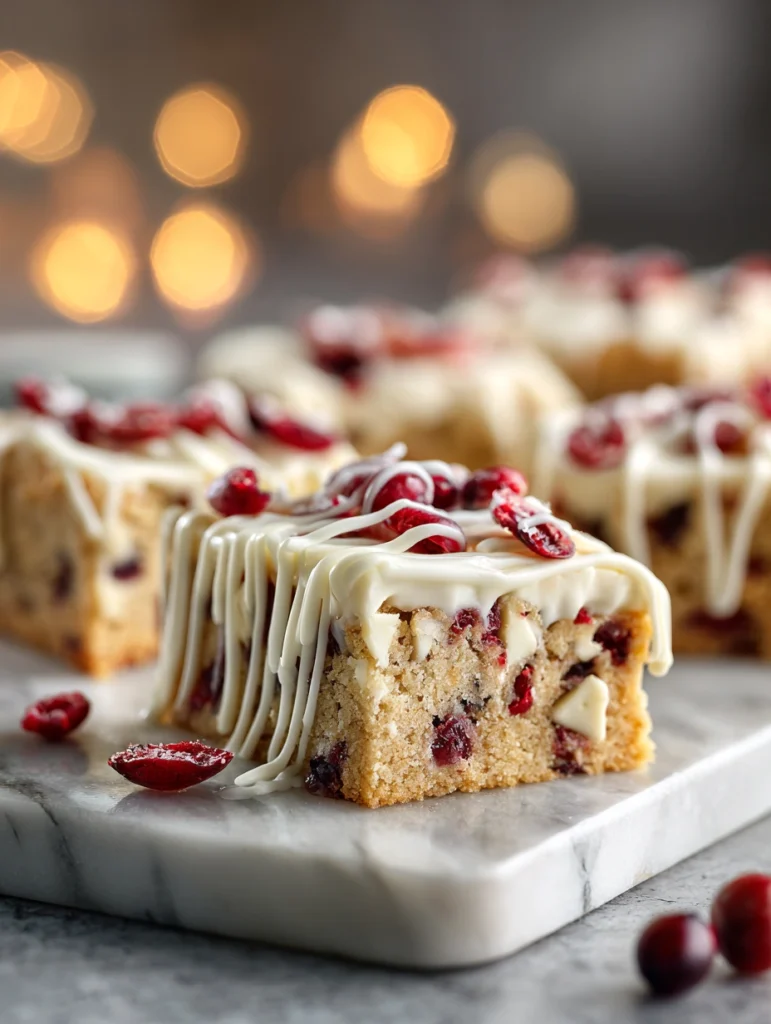 Featured image of Cranberry Bliss Bar Copycat topped with cream cheese frosting and cranberries