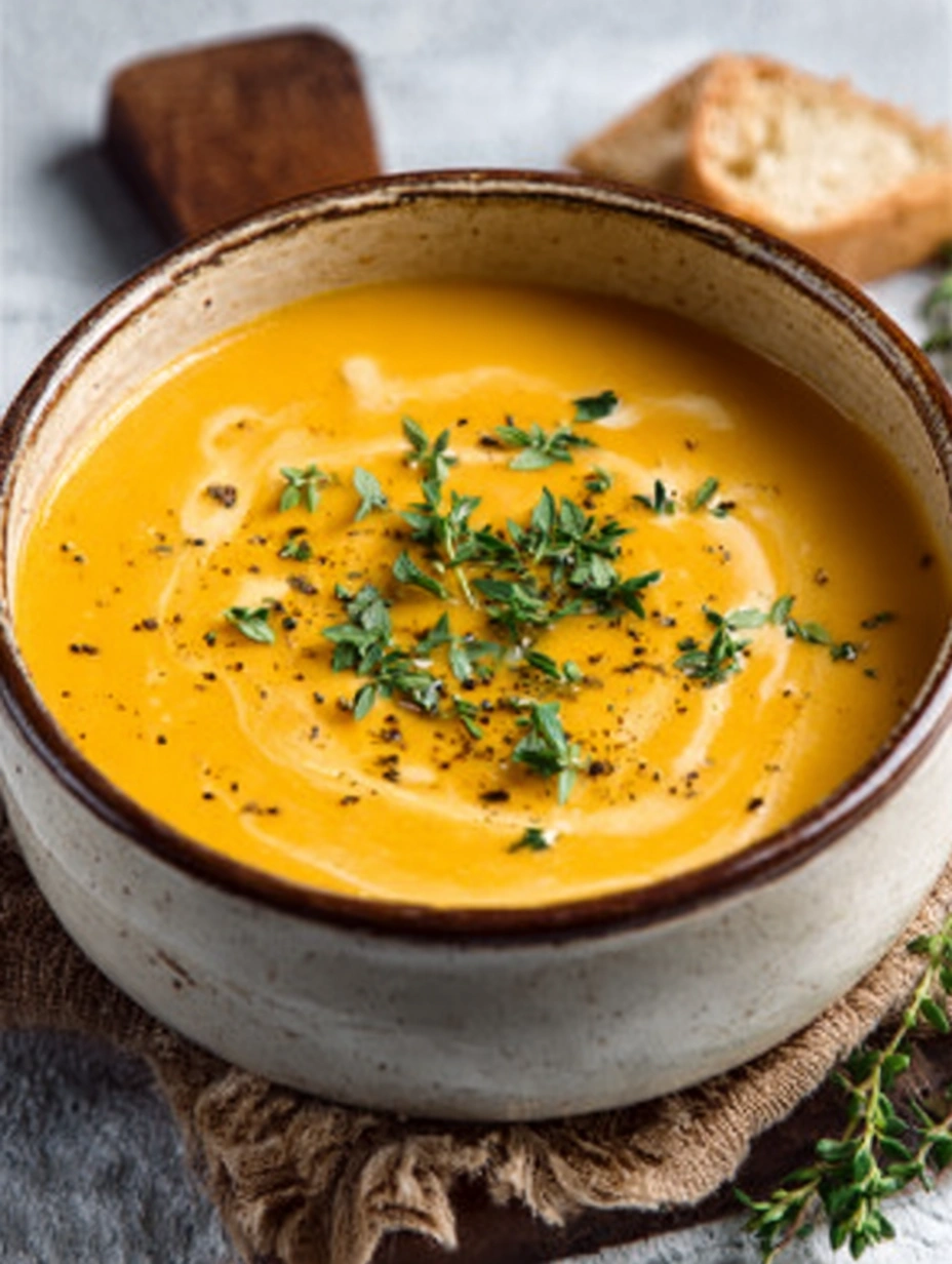Creamy pumpkin soup garnished with fresh thyme and cream swirl