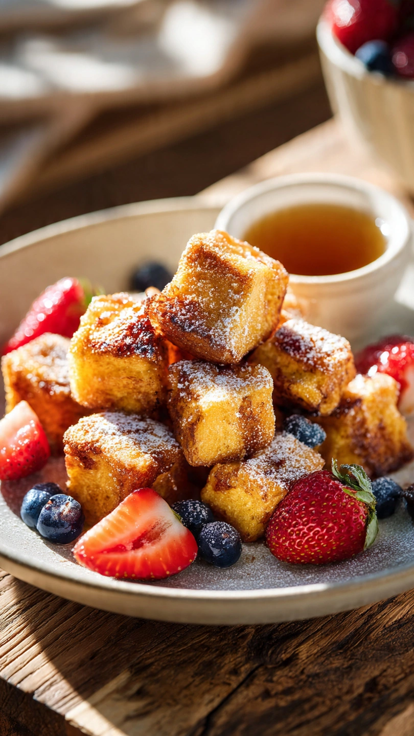 Golden French toast bites dusted with powdered sugar and served with berries.