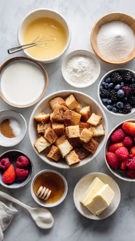 Ingredients for French toast bites including brioche cubes, eggs, milk, and cinnamon.