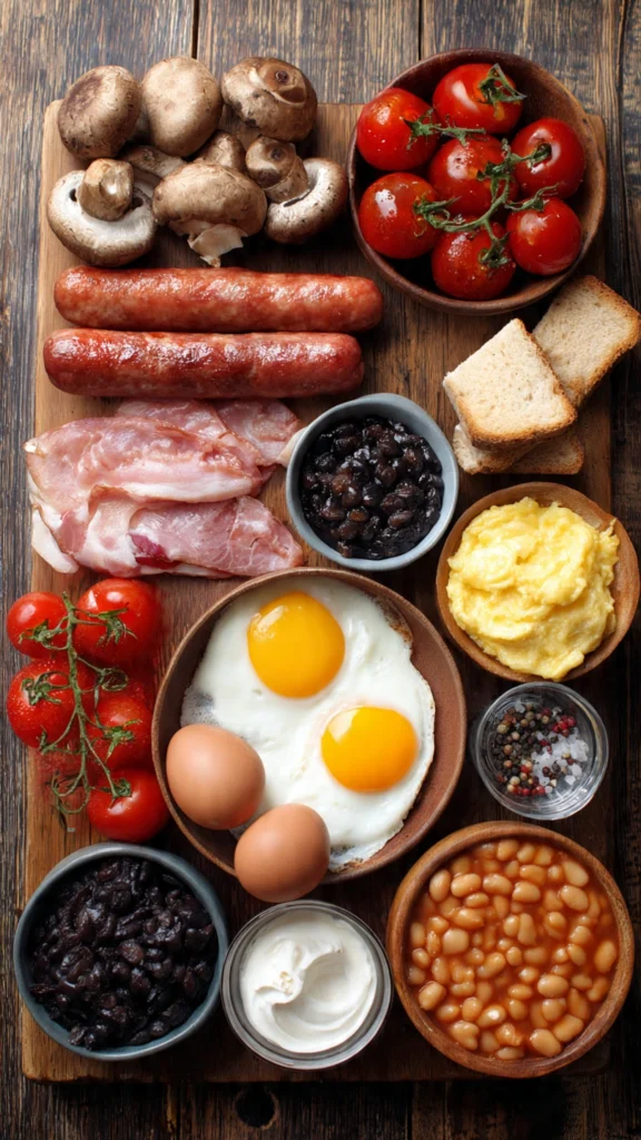 Ingredients for making a Full English Breakfast displayed in a flat lay