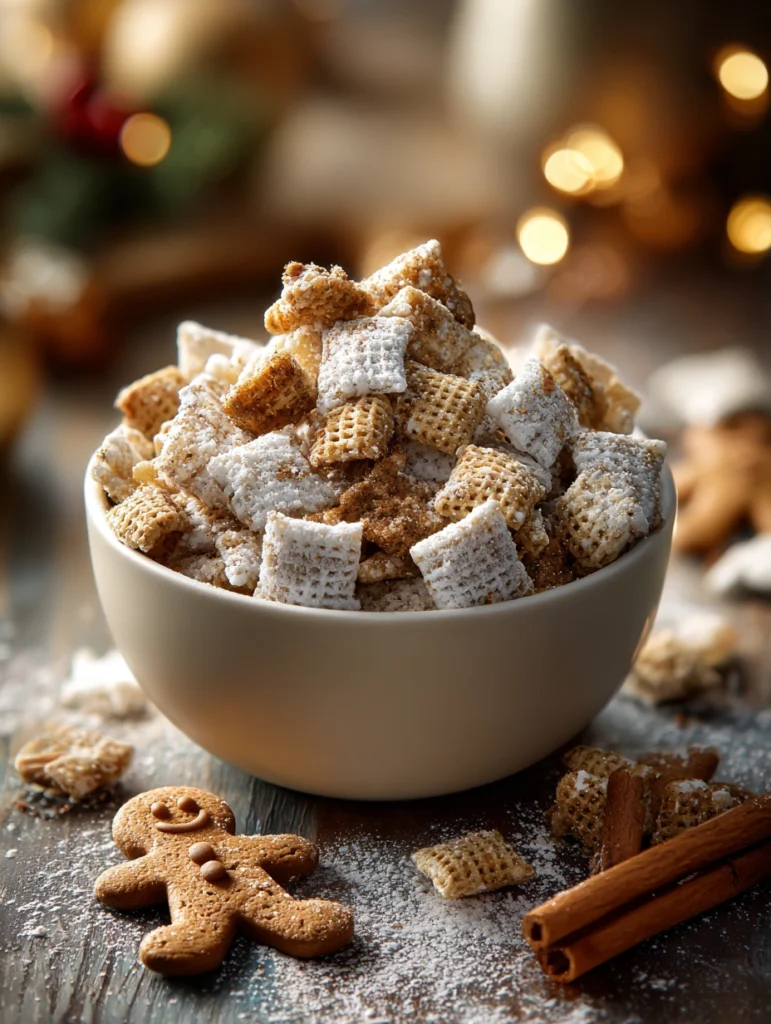 Gingerbread Puppy Chow holiday snack in a festive bowl
