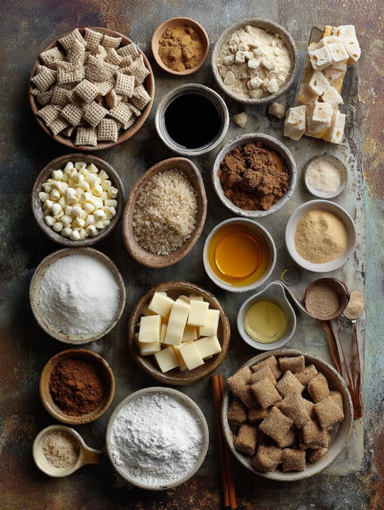 Ingredients for Gingerbread Puppy Chow displayed in a flat-lay setup