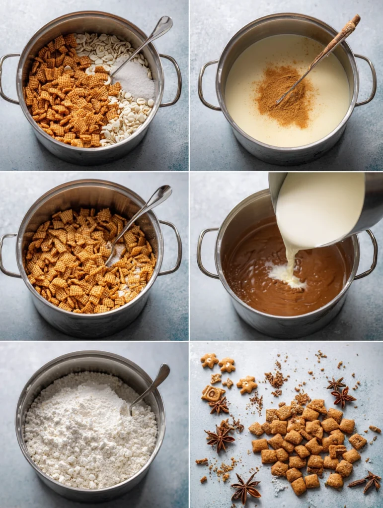 Step-by-step guide showing how to make Gingerbread Puppy Chow