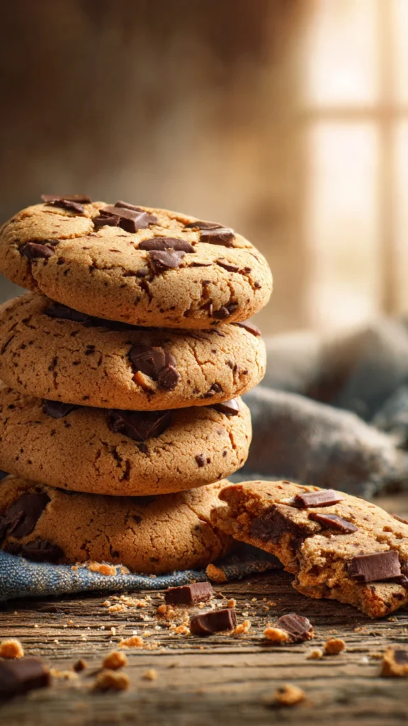 Gluten-free chocolate chip cookies on rustic wooden surface
