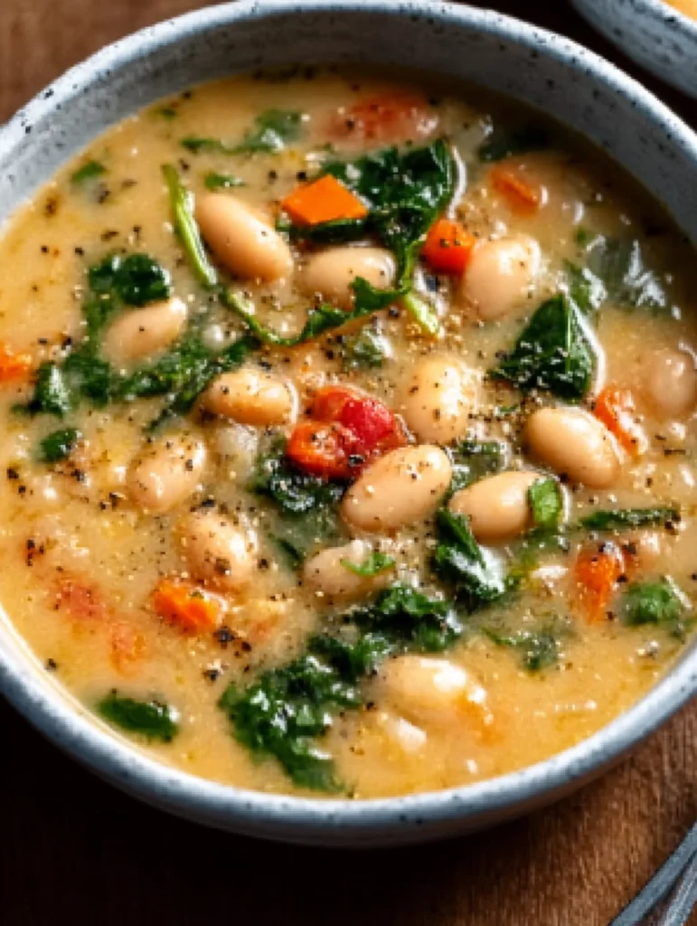 Bowl of high-protein white bean soup with chicken, kale, and vegetables