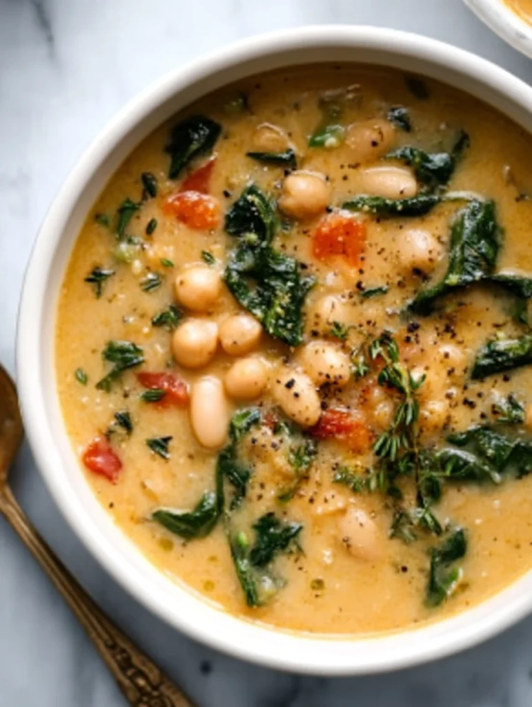 High-protein white bean soup served with parmesan and fresh herbs