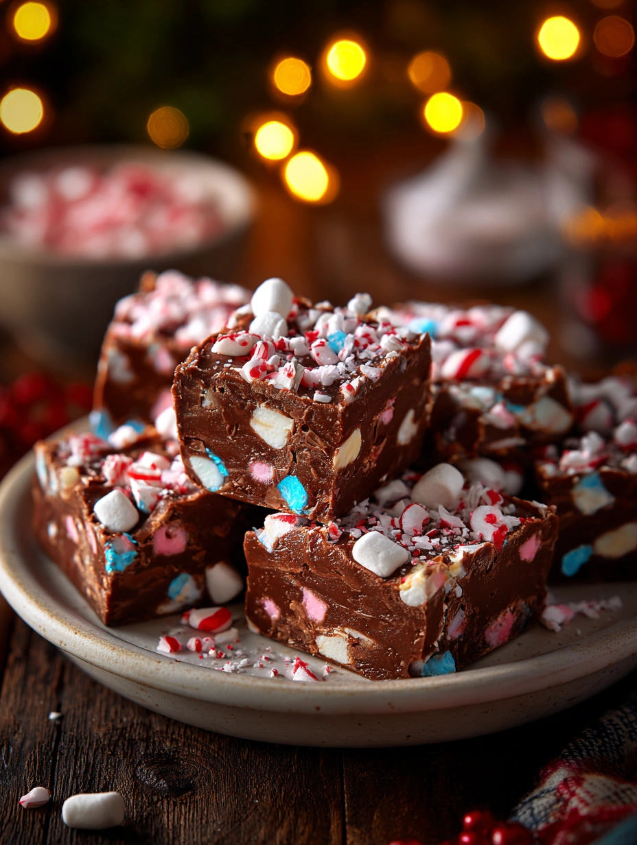 Featured image of festive Holiday Marshmallow Fudge with colorful marshmallows