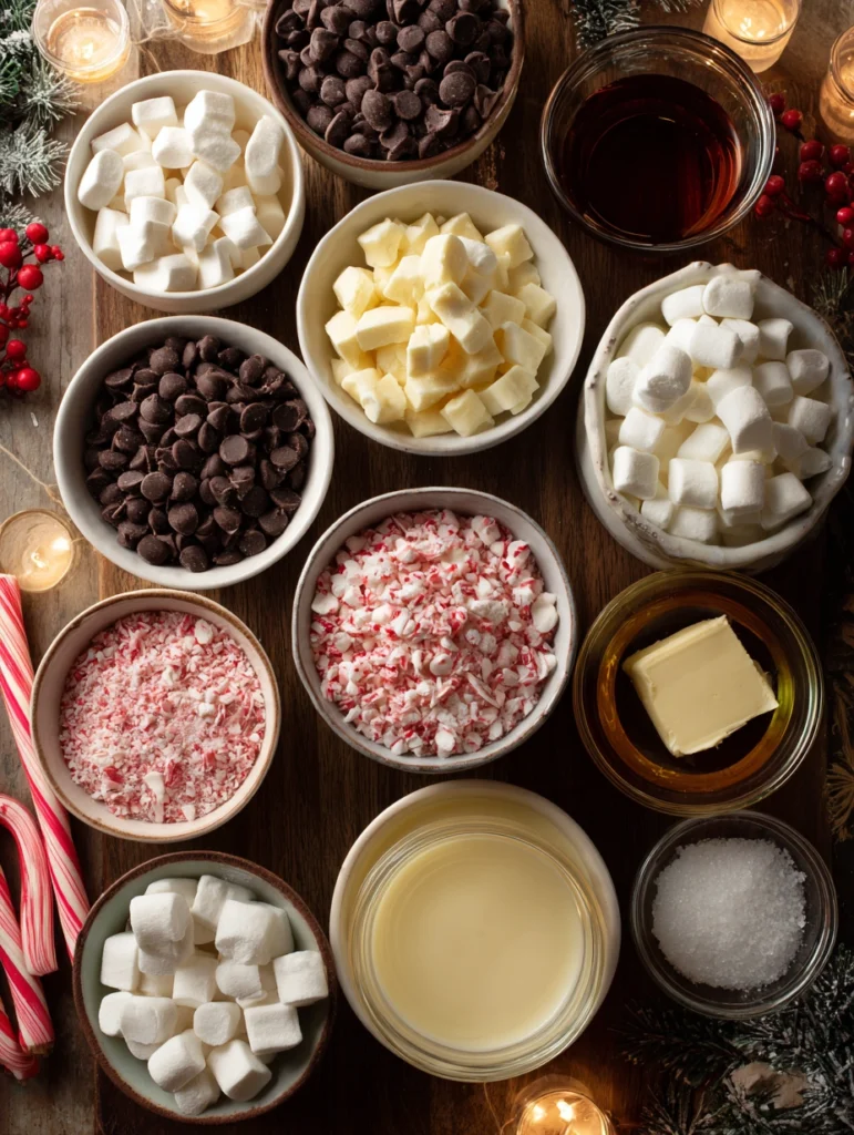 Ingredients needed to make Holiday Marshmallow Fudge