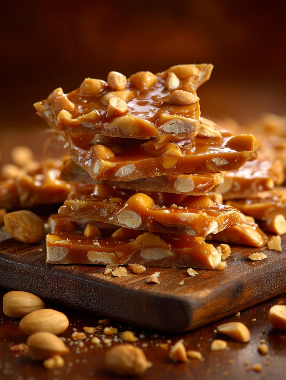 Homemade Peanut Brittle golden candy pieces with roasted peanuts