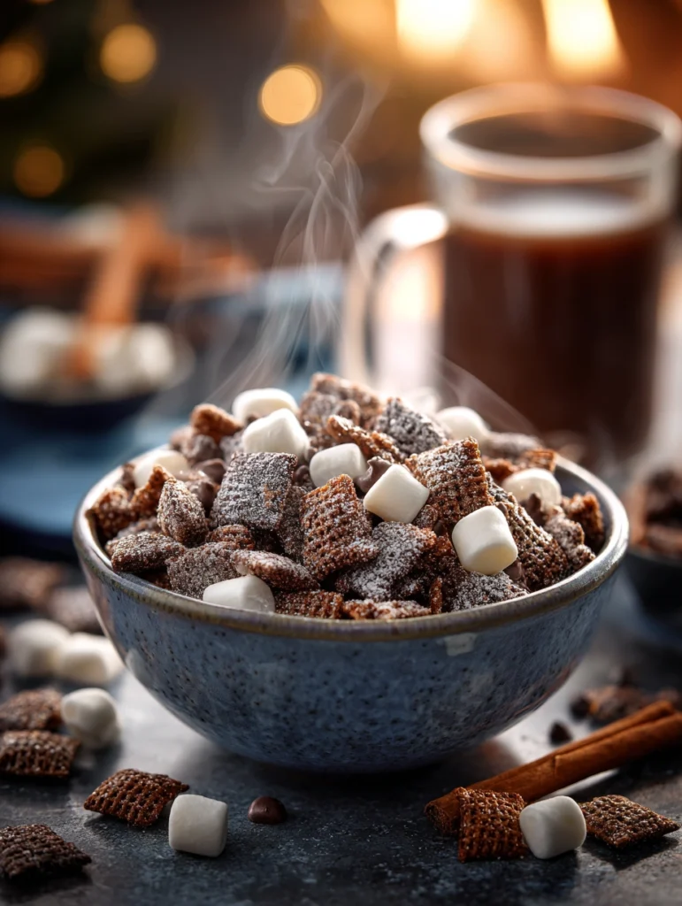 Hot Cocoa Muddy Buddies snack in a cozy winter bowl