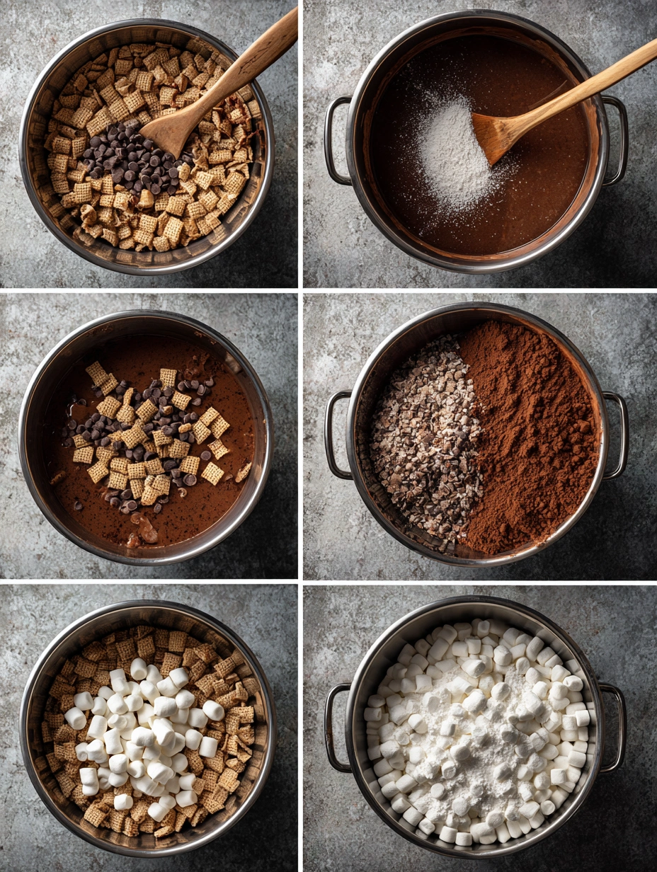 Step-by-step process of making Hot Cocoa Muddy Buddies