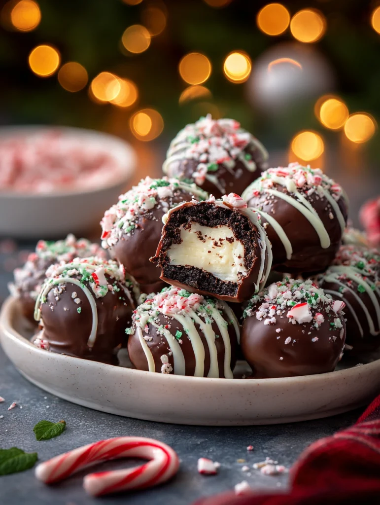 Featured image of No-Bake Peppermint Oreo Balls topped with crushed peppermint
