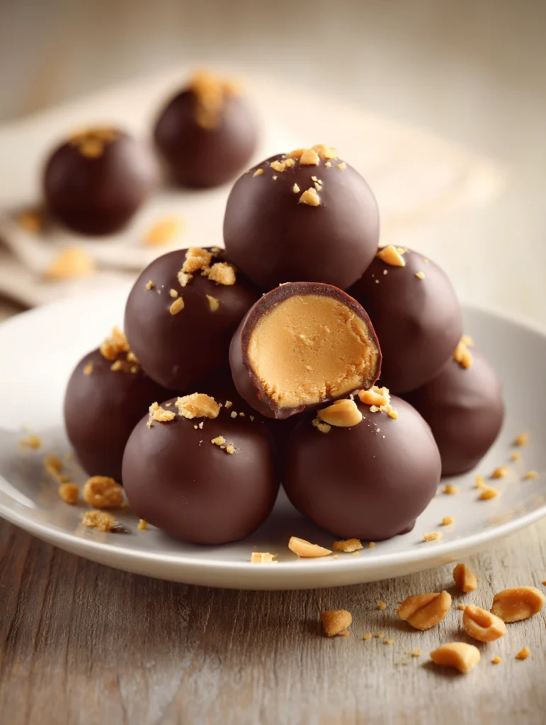 Featured image of homemade Peanut Butter Balls dessert with chocolate coating