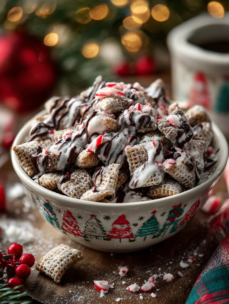 Peppermint Bark Puppy Chow finished holiday snack mix with crushed candy canes
