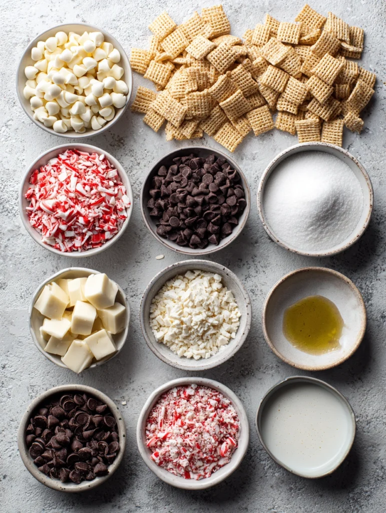 Peppermint Bark Puppy Chow ingredients in flat-lay setup