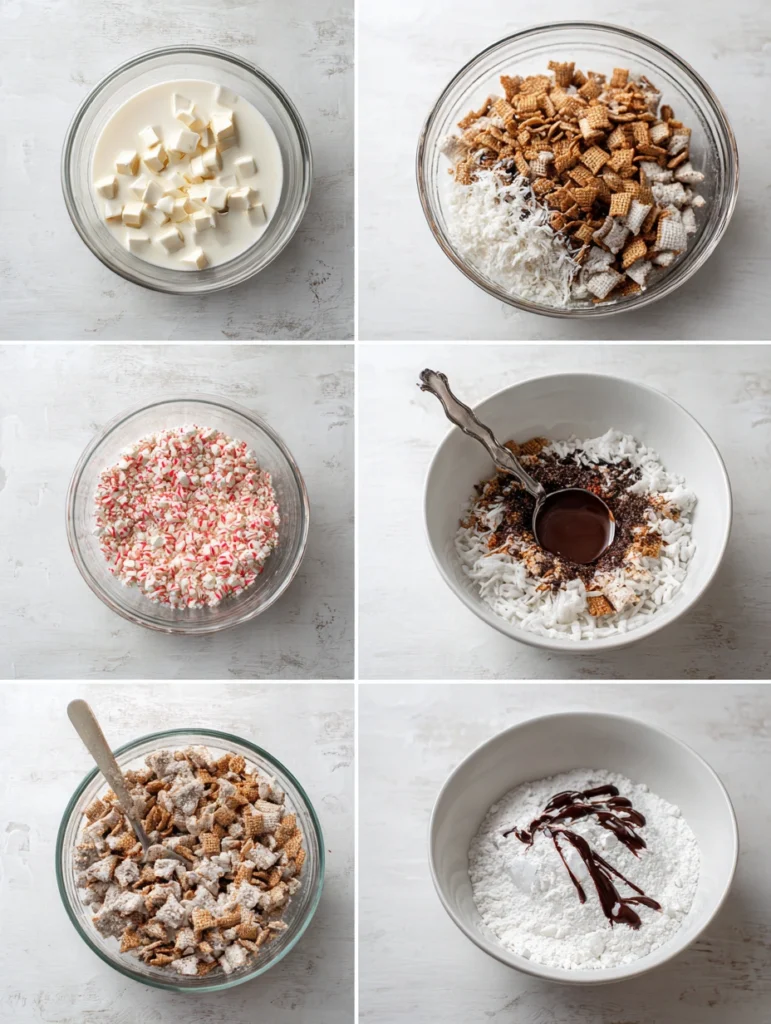Peppermint Bark Puppy Chow step-by-step preparation guid