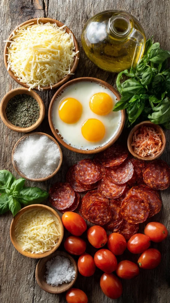 Ingredients for Pizza Eggs including eggs, cheese, pepperoni, tomatoes, and herbs