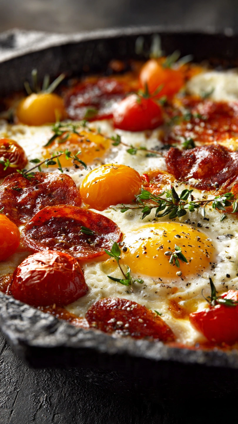 Cheesy pizza-style eggs in skillet